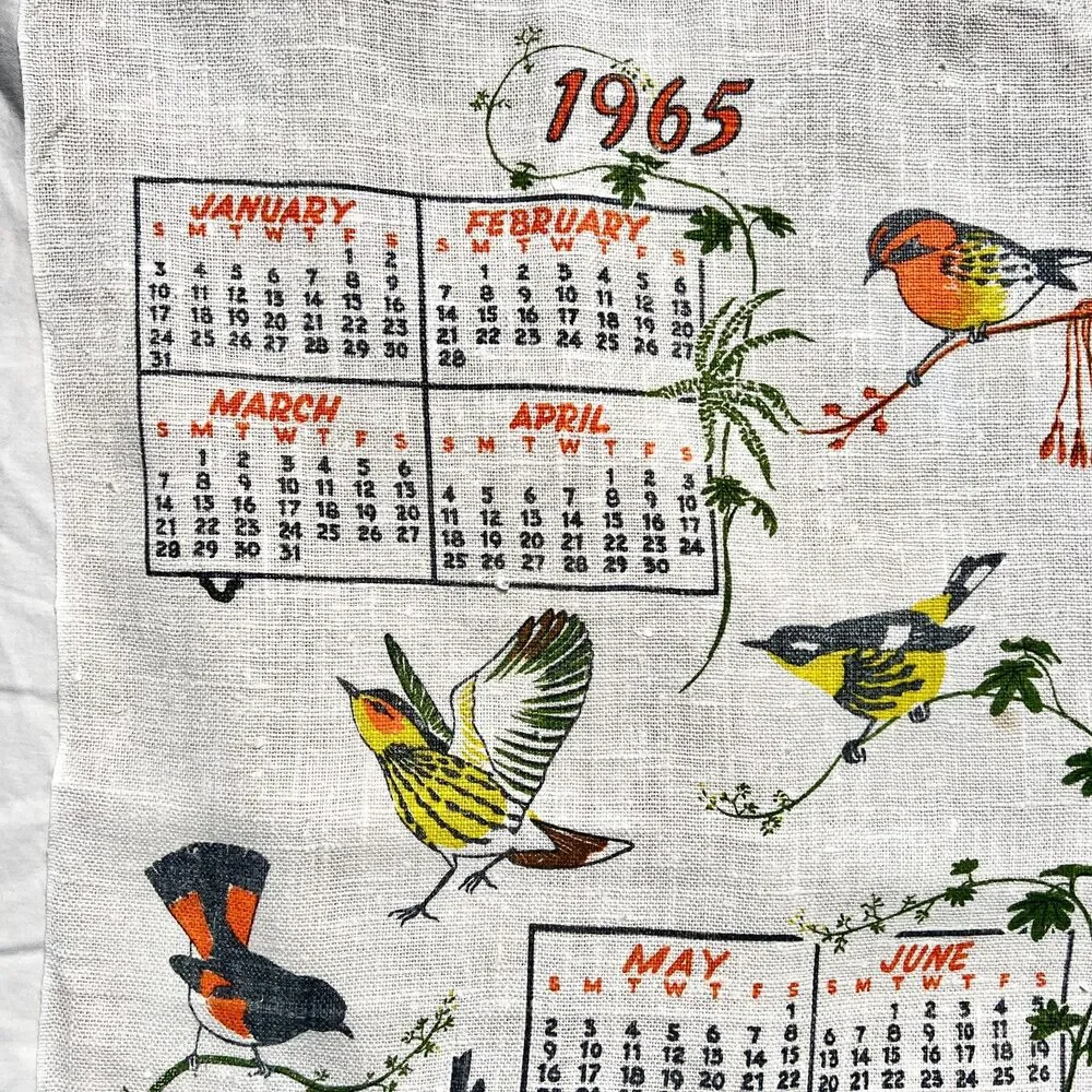 VTG 1965 Linen Tea Towel Calendar Mass Audubon Society Birds, Retro, MCM